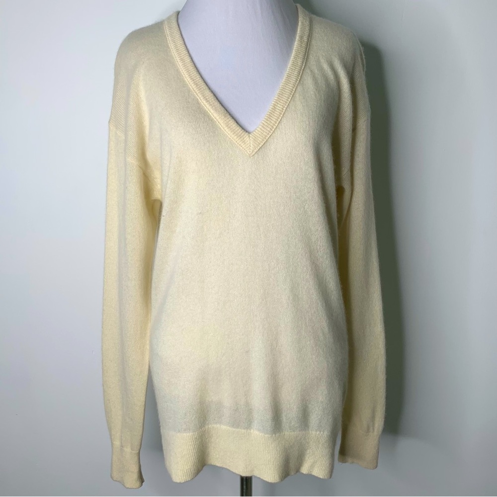 White + Warren Women's Cream Cashemere Knit V-Neck Sweater Size Small